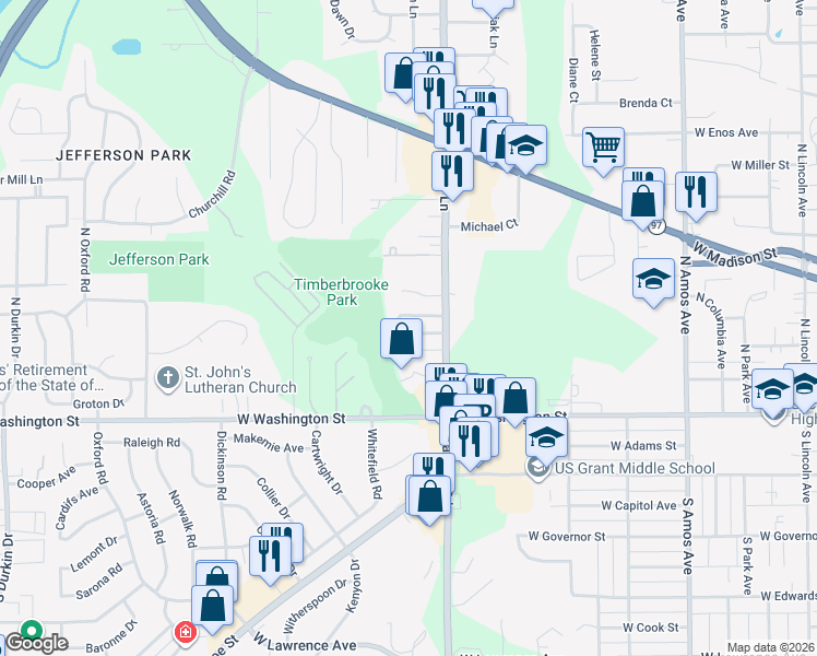 map of restaurants, bars, coffee shops, grocery stores, and more near 1900 Jeanette 05 Lane in Springfield