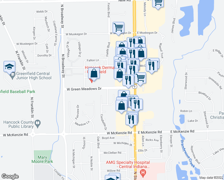 map of restaurants, bars, coffee shops, grocery stores, and more near 211 West Green Meadows Drive in Greenfield