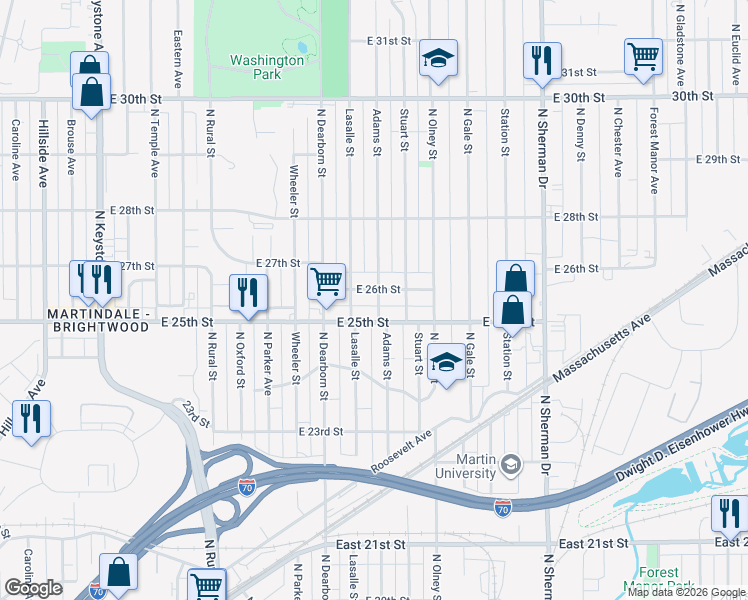 map of restaurants, bars, coffee shops, grocery stores, and more near 3305 East 26th Street in Indianapolis