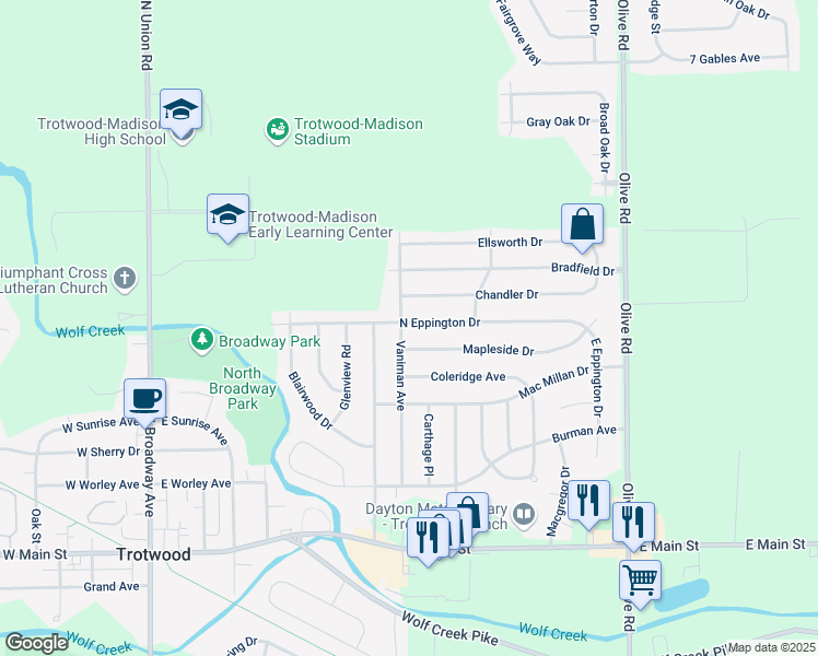 map of restaurants, bars, coffee shops, grocery stores, and more near 434 Vaniman Ave in Dayton