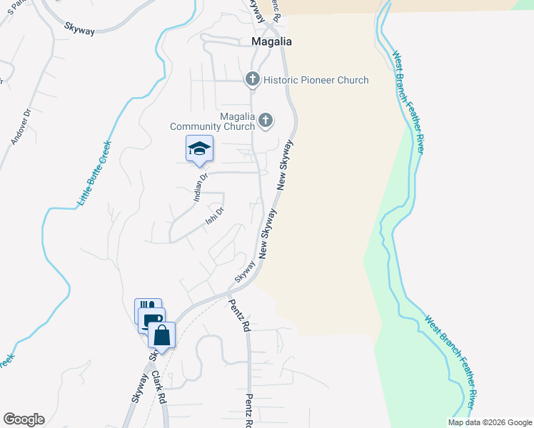 map of restaurants, bars, coffee shops, grocery stores, and more near 13645 Skyway in Magalia