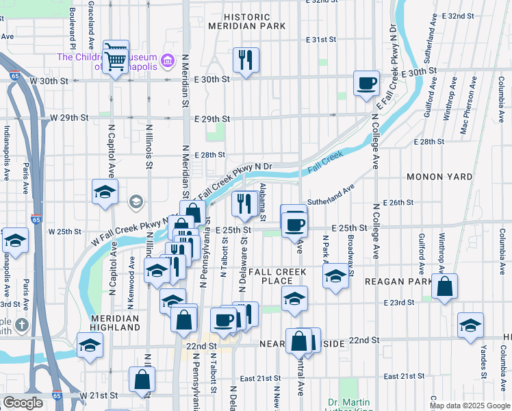 map of restaurants, bars, coffee shops, grocery stores, and more near 2548 North Alabama Street in Indianapolis