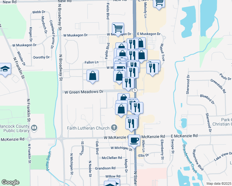 map of restaurants, bars, coffee shops, grocery stores, and more near 211 West Green Meadows Drive in Greenfield