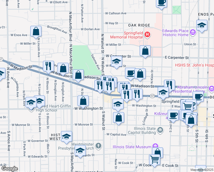 map of restaurants, bars, coffee shops, grocery stores, and more near 214 North Walnut Street in Springfield