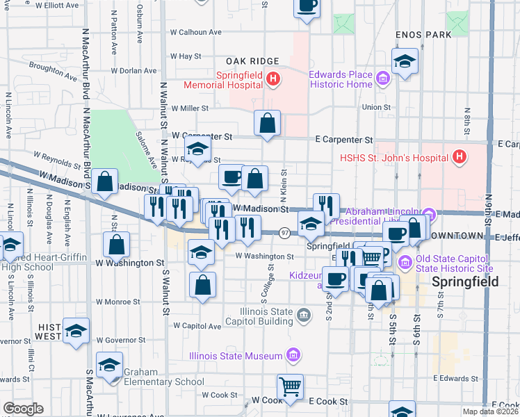 map of restaurants, bars, coffee shops, grocery stores, and more near 300 West Madison Street in Springfield