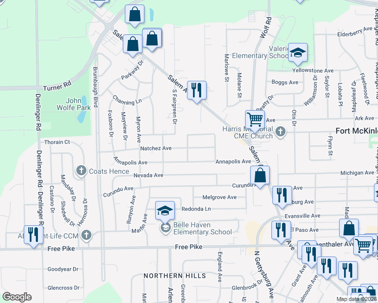 map of restaurants, bars, coffee shops, grocery stores, and more near 4152 Lucian Avenue in Dayton