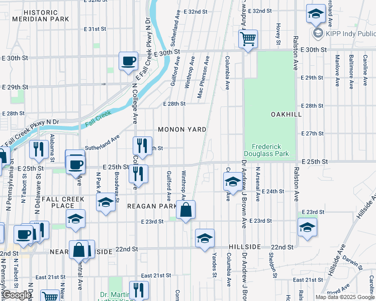 map of restaurants, bars, coffee shops, grocery stores, and more near 2571 Winthrop Avenue in Indianapolis