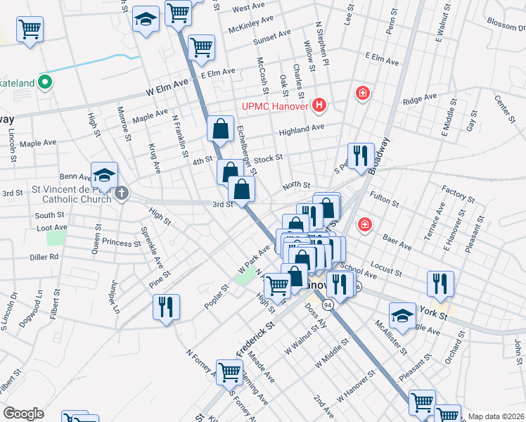 map of restaurants, bars, coffee shops, grocery stores, and more near 2 Library Place in Hanover