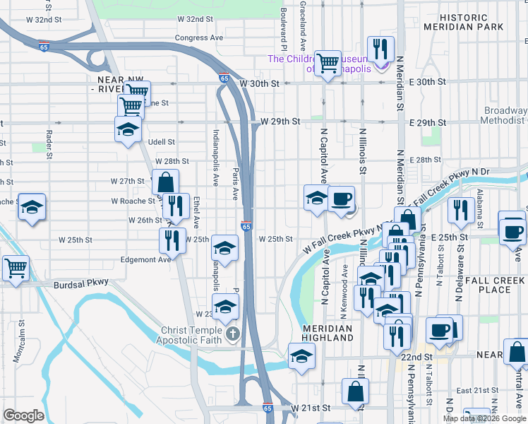 map of restaurants, bars, coffee shops, grocery stores, and more near 341 West 26th Street in Indianapolis