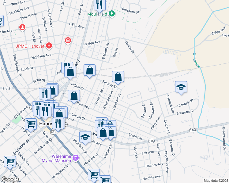 map of restaurants, bars, coffee shops, grocery stores, and more near 453 East Hanover Street in Hanover