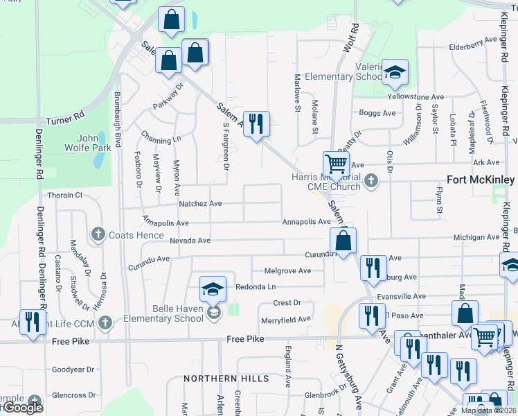 map of restaurants, bars, coffee shops, grocery stores, and more near 4116 Natchez Avenue in Dayton