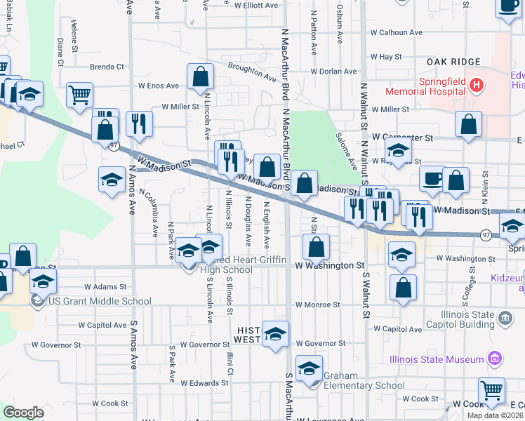map of restaurants, bars, coffee shops, grocery stores, and more near 221 North English Avenue in Springfield