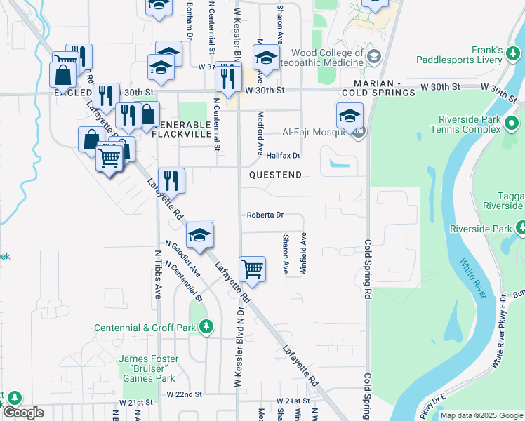 map of restaurants, bars, coffee shops, grocery stores, and more near 3004 Roberta Drive in Indianapolis