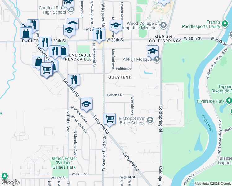 map of restaurants, bars, coffee shops, grocery stores, and more near 3004 Roberta Drive in Indianapolis