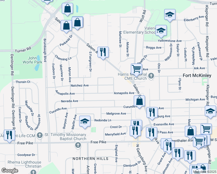 map of restaurants, bars, coffee shops, grocery stores, and more near 4116 Natchez Ave in Dayton