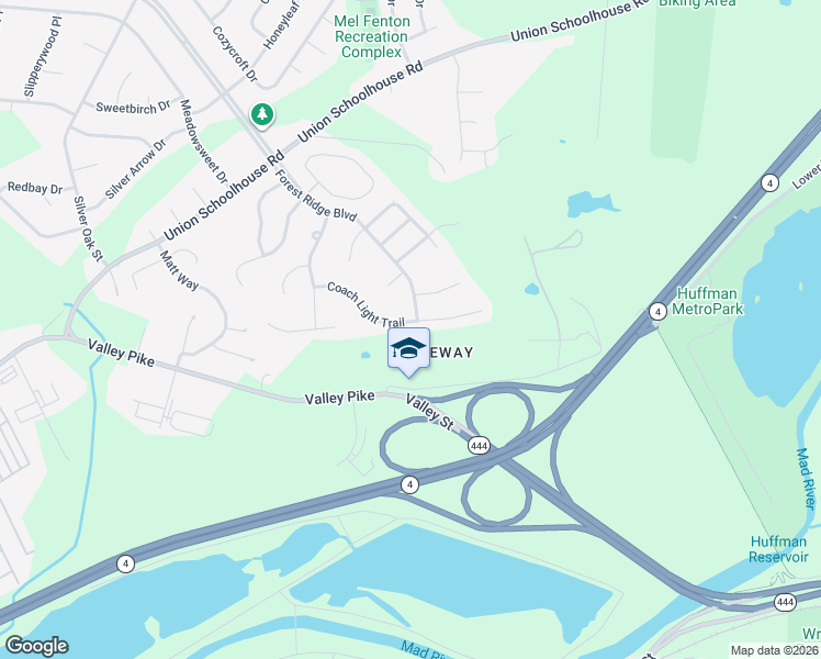 map of restaurants, bars, coffee shops, grocery stores, and more near 4318 Coach Light Trail in Dayton