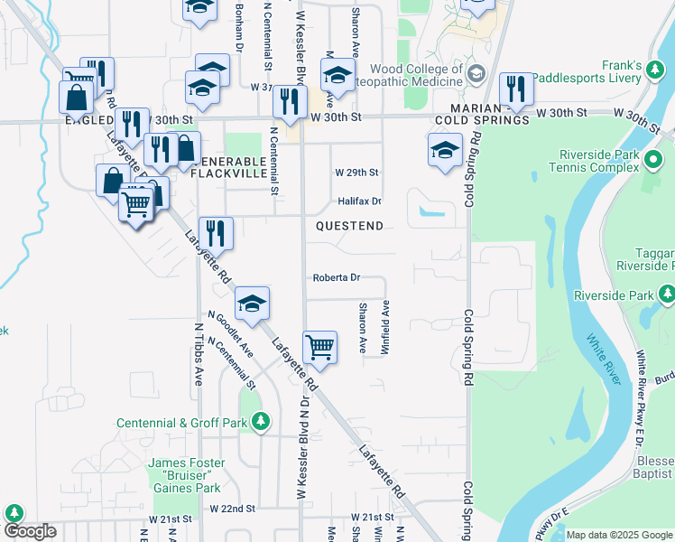 map of restaurants, bars, coffee shops, grocery stores, and more near 3004 Roberta Drive in Indianapolis