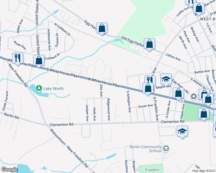 map of restaurants, bars, coffee shops, grocery stores, and more near 267 West White Horse Pike in Berlin