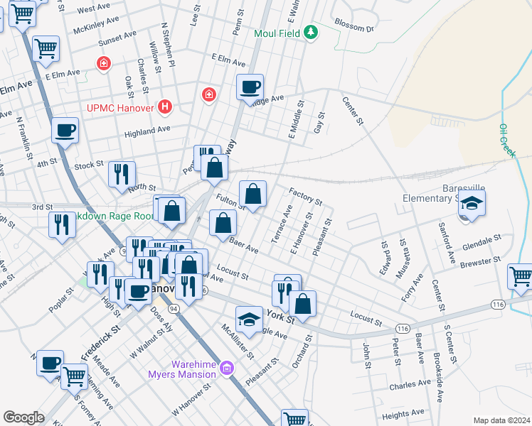 map of restaurants, bars, coffee shops, grocery stores, and more near 401 East Middle Street in Hanover