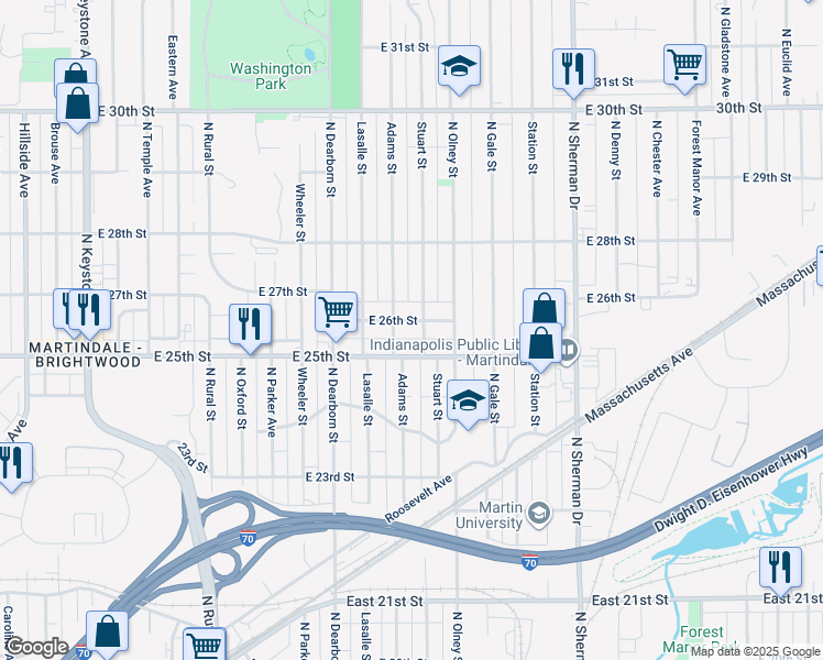 map of restaurants, bars, coffee shops, grocery stores, and more near 3419 East 26th Street in Indianapolis
