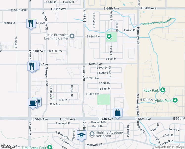 map of restaurants, bars, coffee shops, grocery stores, and more near 19472 East 59th Place in Aurora