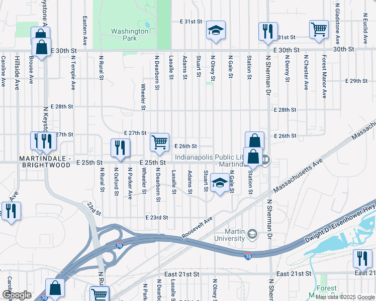 map of restaurants, bars, coffee shops, grocery stores, and more near 3419 East 26th Street in Indianapolis