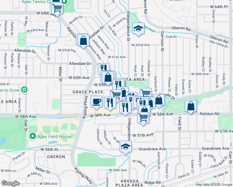 map of restaurants, bars, coffee shops, grocery stores, and more near 9860 W 59th Ave in Arvada