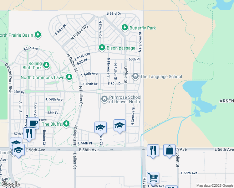 map of restaurants, bars, coffee shops, grocery stores, and more near 10106 East 59th Place in Denver
