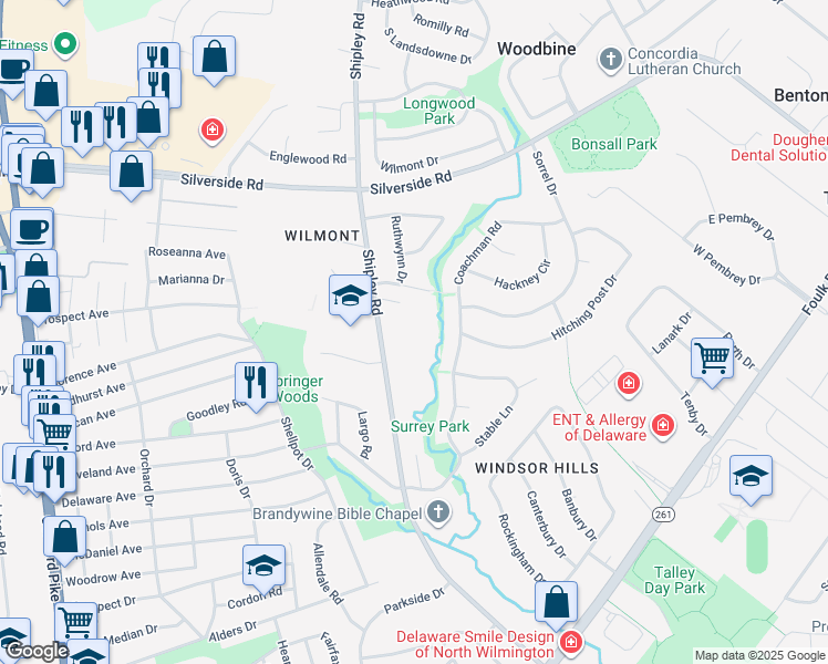 map of restaurants, bars, coffee shops, grocery stores, and more near 2219 Shipley Road in Wilmington