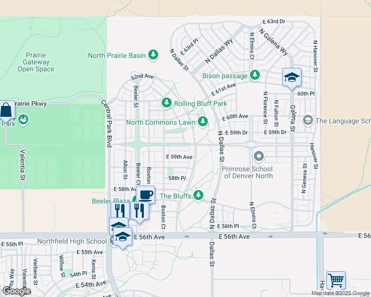 map of restaurants, bars, coffee shops, grocery stores, and more near 10226 East 59th Place in Denver