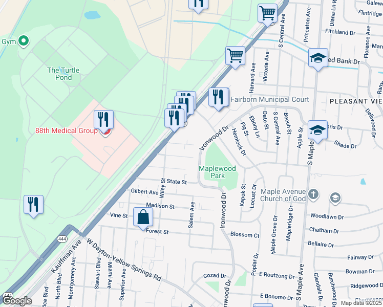 map of restaurants, bars, coffee shops, grocery stores, and more near 217 Euclid Avenue in Fairborn
