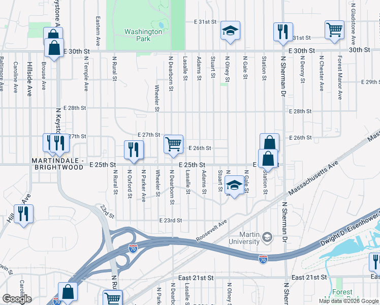 map of restaurants, bars, coffee shops, grocery stores, and more near 3305 East 26th Street in Indianapolis