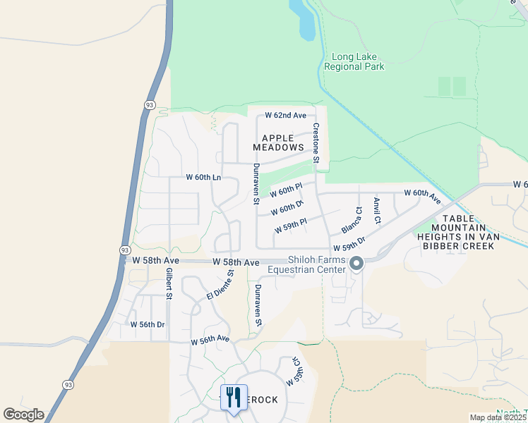 map of restaurants, bars, coffee shops, grocery stores, and more near 19081 West 60th Drive in Golden
