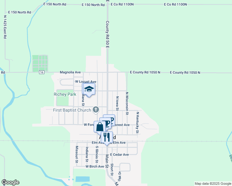map of restaurants, bars, coffee shops, grocery stores, and more near 335 North Iowa Street in Atwood