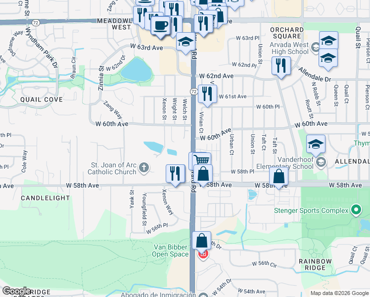 map of restaurants, bars, coffee shops, grocery stores, and more near 5925 Ward Road in Arvada