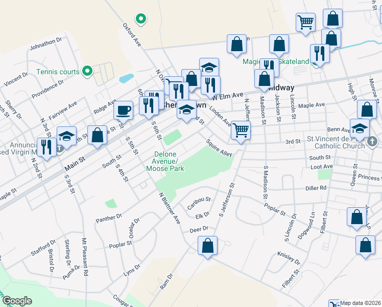 map of restaurants, bars, coffee shops, grocery stores, and more near 628 Cricket Ln in McSherrystown