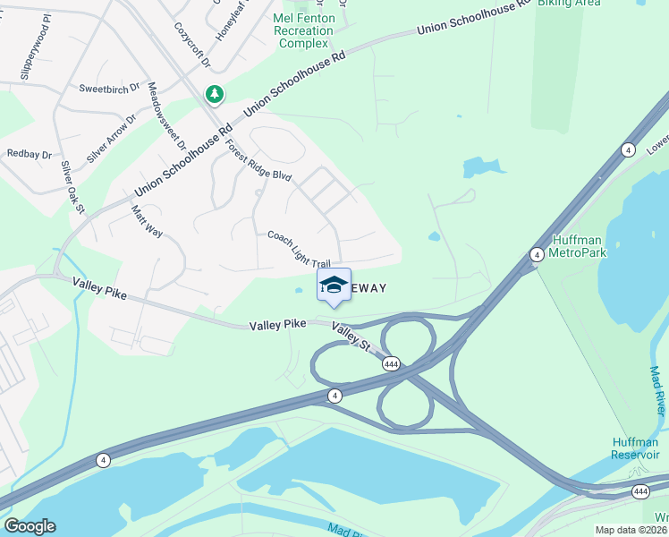 map of restaurants, bars, coffee shops, grocery stores, and more near 4318 Coach Light Trail in Dayton