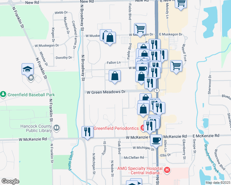 map of restaurants, bars, coffee shops, grocery stores, and more near 301 West Green Meadows Drive in Greenfield