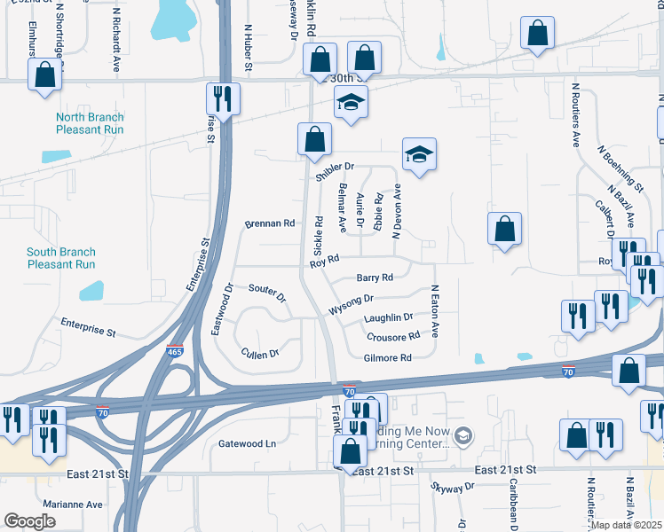 map of restaurants, bars, coffee shops, grocery stores, and more near 8011 Roy Road in Indianapolis