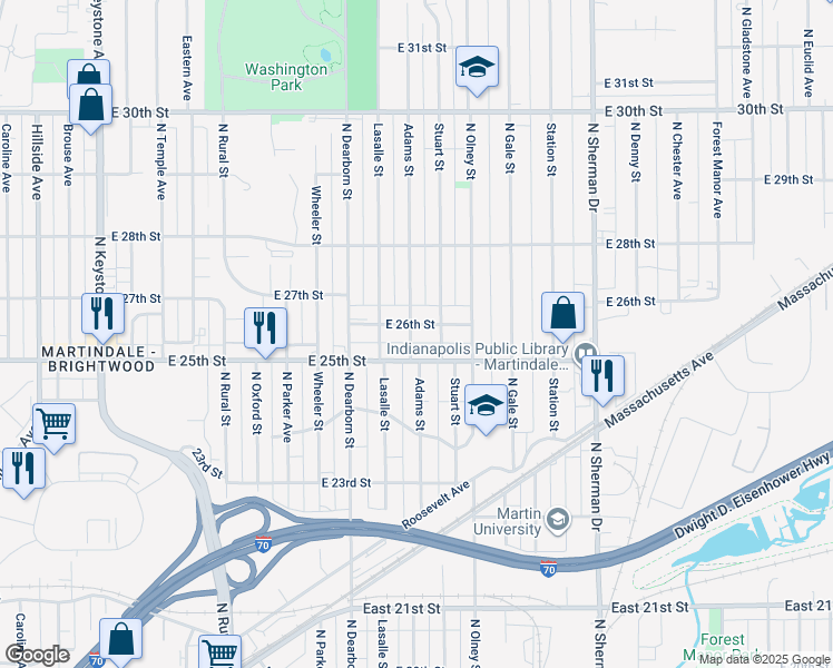 map of restaurants, bars, coffee shops, grocery stores, and more near 3419 East 26th Street in Indianapolis