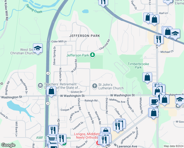 map of restaurants, bars, coffee shops, grocery stores, and more near 20 Harbauer Lane in Springfield