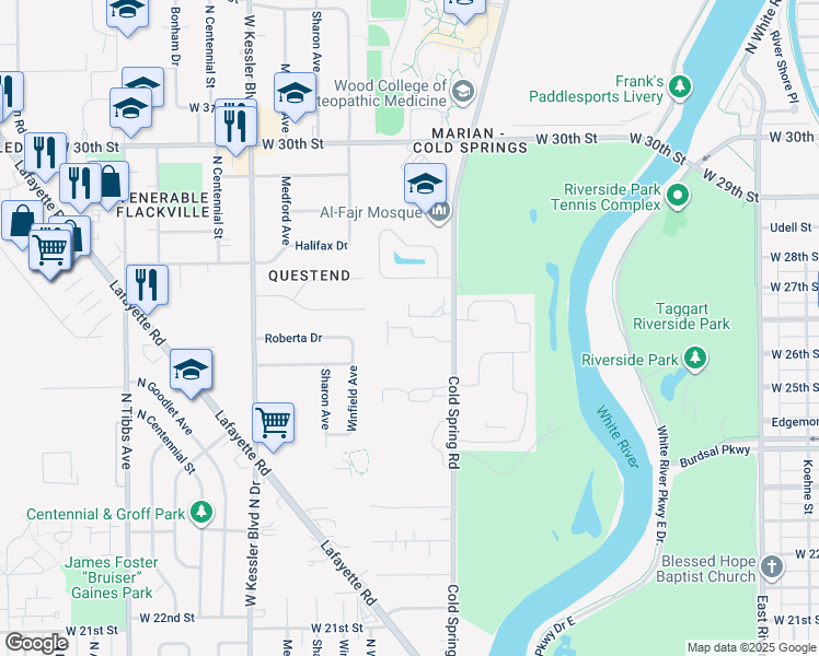 map of restaurants, bars, coffee shops, grocery stores, and more near 2641 Cold Spring Manor Drive in Indianapolis