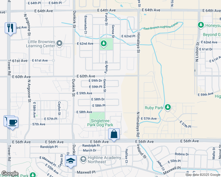 map of restaurants, bars, coffee shops, grocery stores, and more near 19902 East 59th Place in Aurora