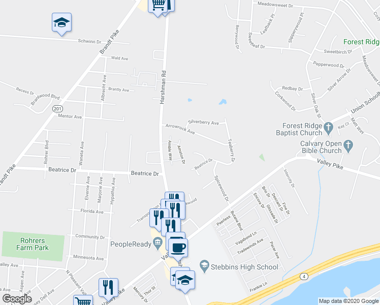 map of restaurants, bars, coffee shops, grocery stores, and more near 4300 Rosegarden Court in Dayton