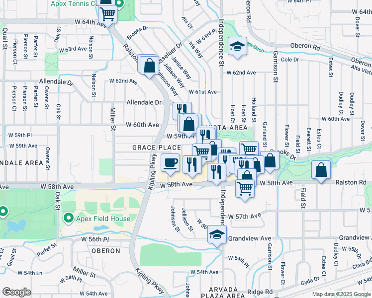 map of restaurants, bars, coffee shops, grocery stores, and more near 9855 West 59th Avenue in Arvada