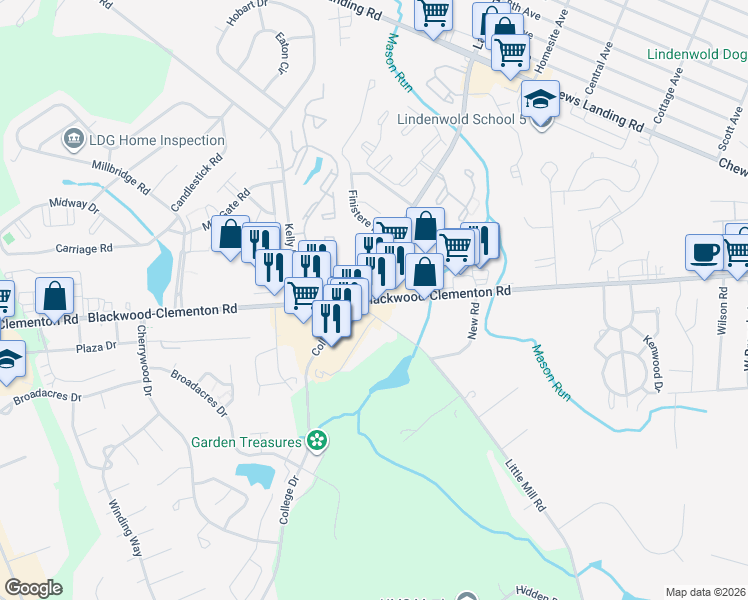 map of restaurants, bars, coffee shops, grocery stores, and more near Blackwood Clementon Road in Clementon