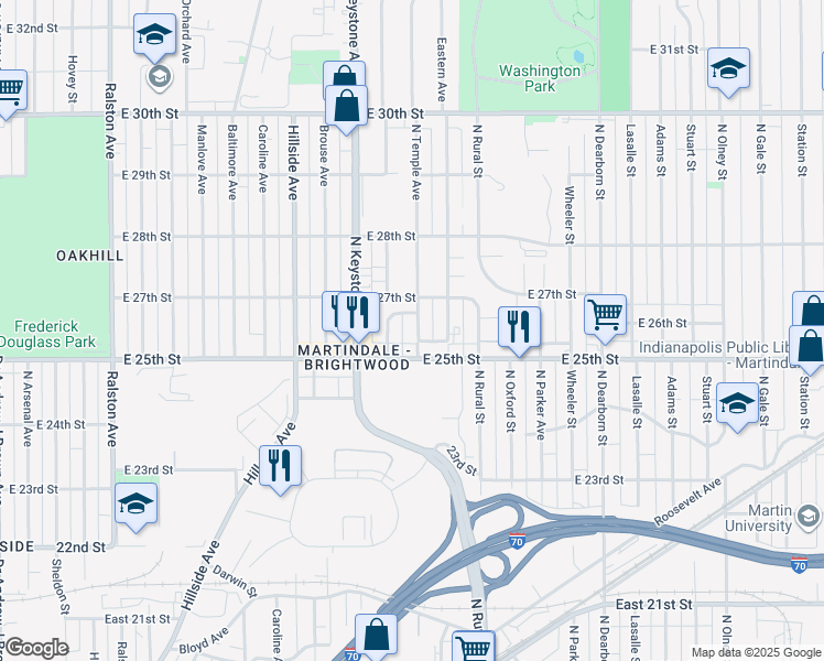 map of restaurants, bars, coffee shops, grocery stores, and more near 2520 North Temple Avenue in Indianapolis