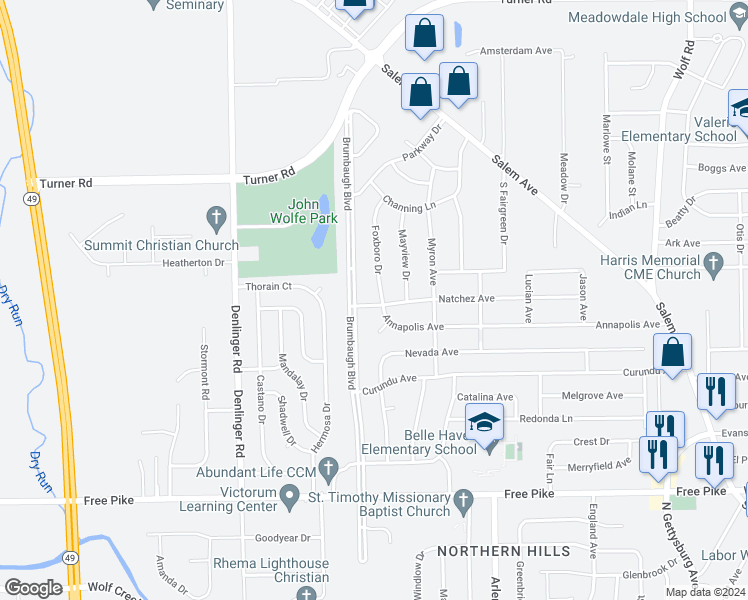 map of restaurants, bars, coffee shops, grocery stores, and more near 4665 Natchez Avenue in Dayton