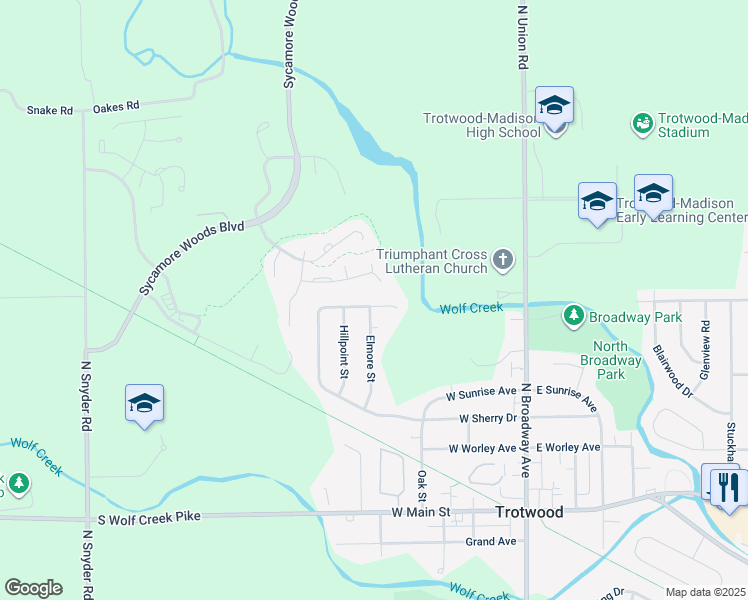 map of restaurants, bars, coffee shops, grocery stores, and more near 610 North Sherry Drive in Trotwood