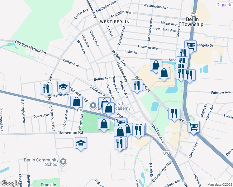 map of restaurants, bars, coffee shops, grocery stores, and more near 95 Warren Avenue in West Berlin